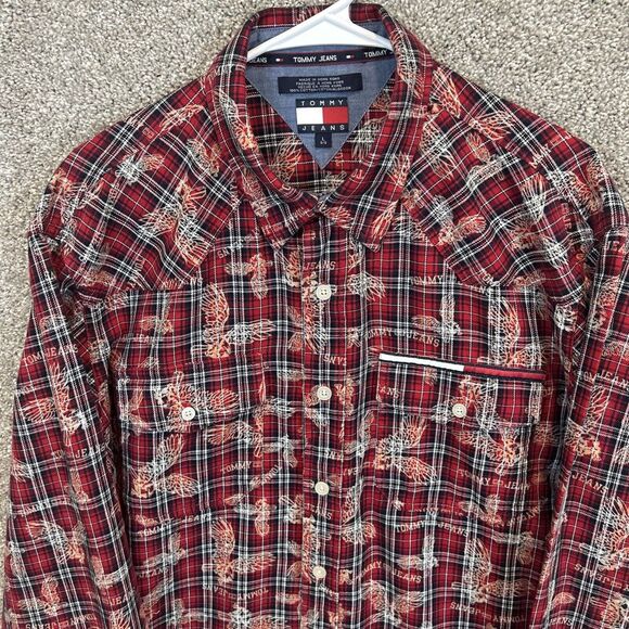 Vintage Tommy Jeans Long Sleeve Button Shirt‎ Men's Large All Over Print - Picture 1 of 6